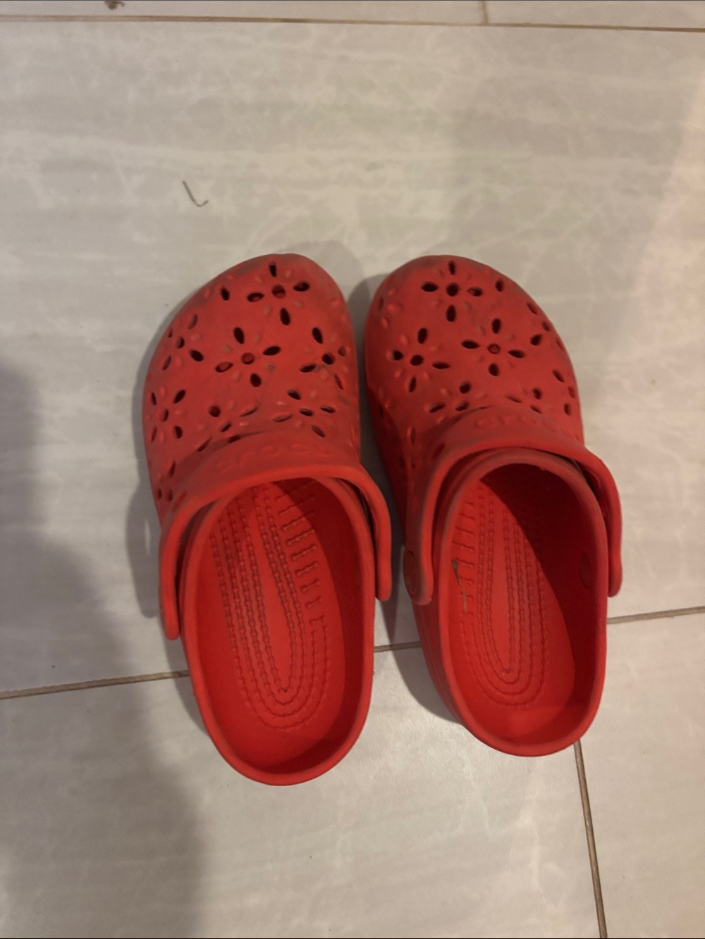 CROCS Kids Bright Red Classic Clog with Floral Cutouts
